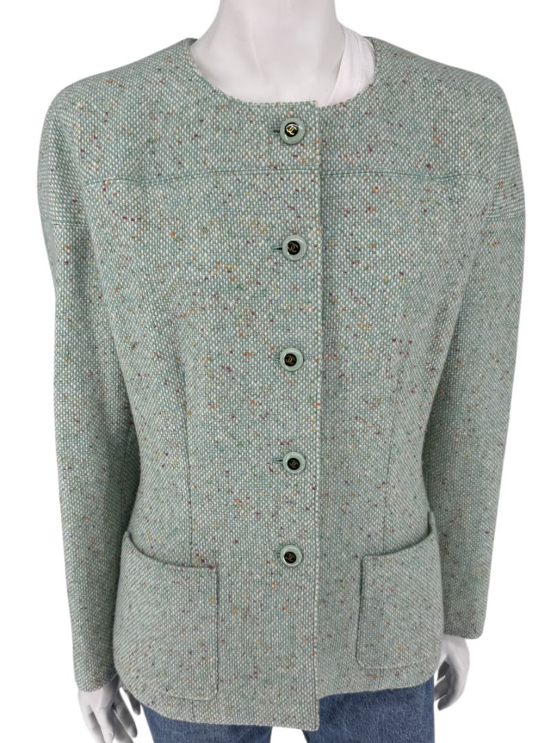 Chanel Women’s Mint Green Wool-Mohair Blend Tweed Jacket with Detachable Scarf – Size 44