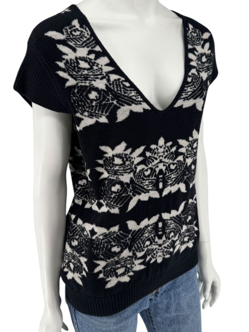 Chanel Black & Ivory Wool-Blend Deep V-Neck Sweater – Size FR 44