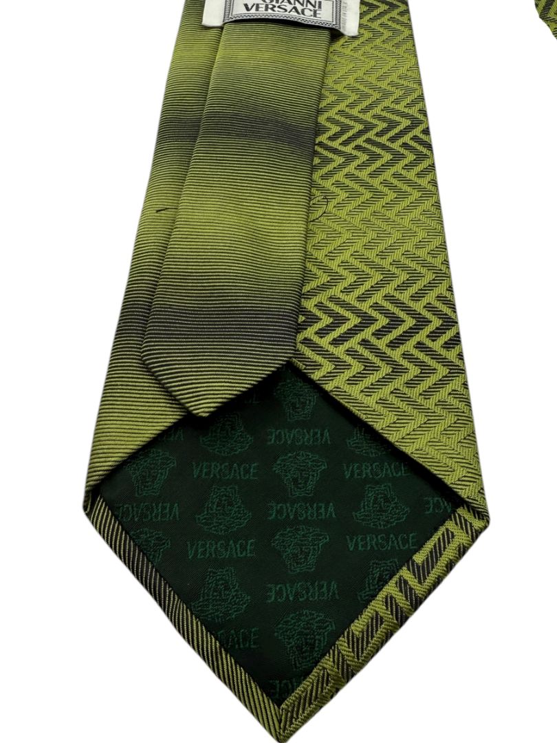 Gianni Versace Silk Tie – Green Ombre with Geometric Chevron Pattern