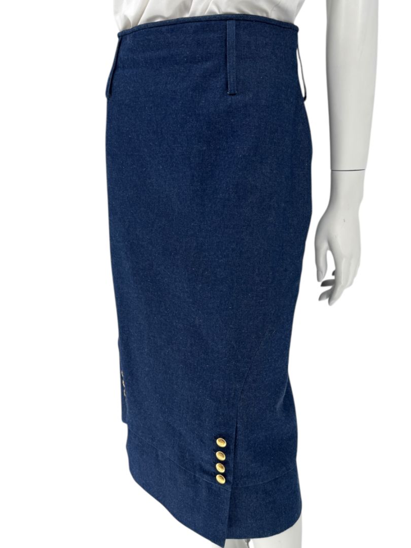Christian Dior Boutique Blue Denim Midi Skirt with Gold Buttons – Size 14