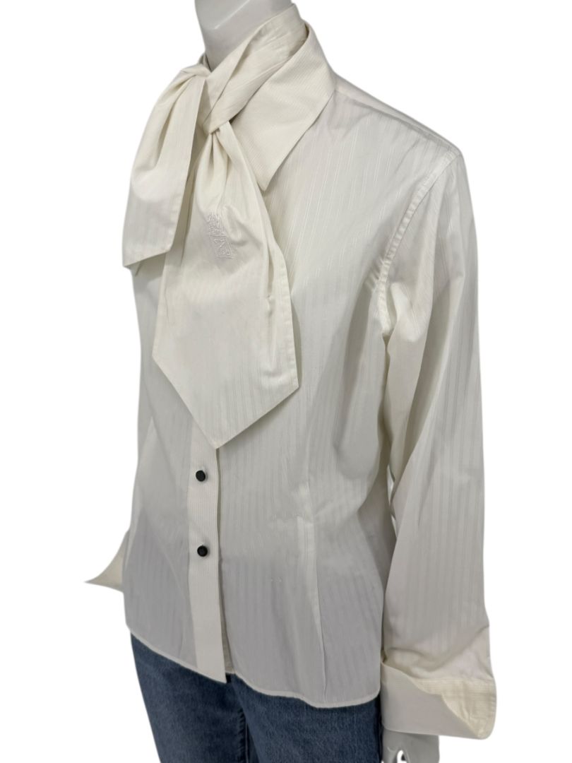 Zang Toi Ivory Striped Blouse with Detachable Neck Tie – Size 14