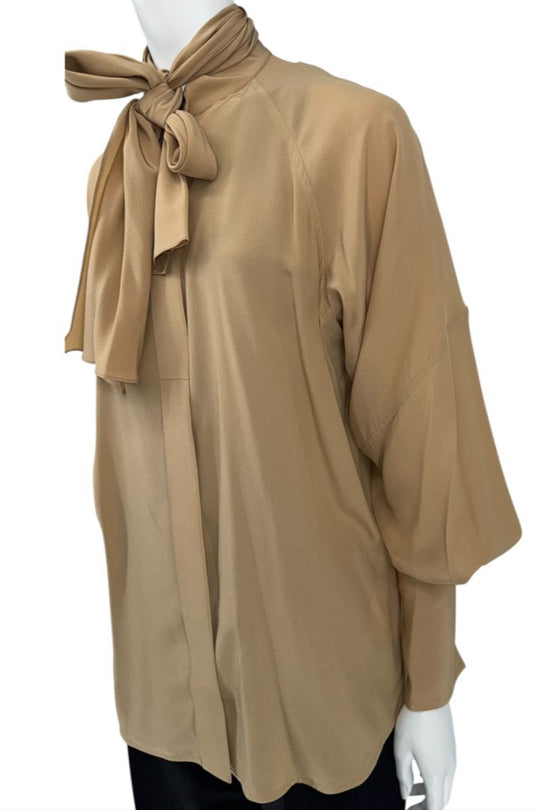 NWT Victoria Beckham Camel Silk Tie-Neck Blouse – Size US 6