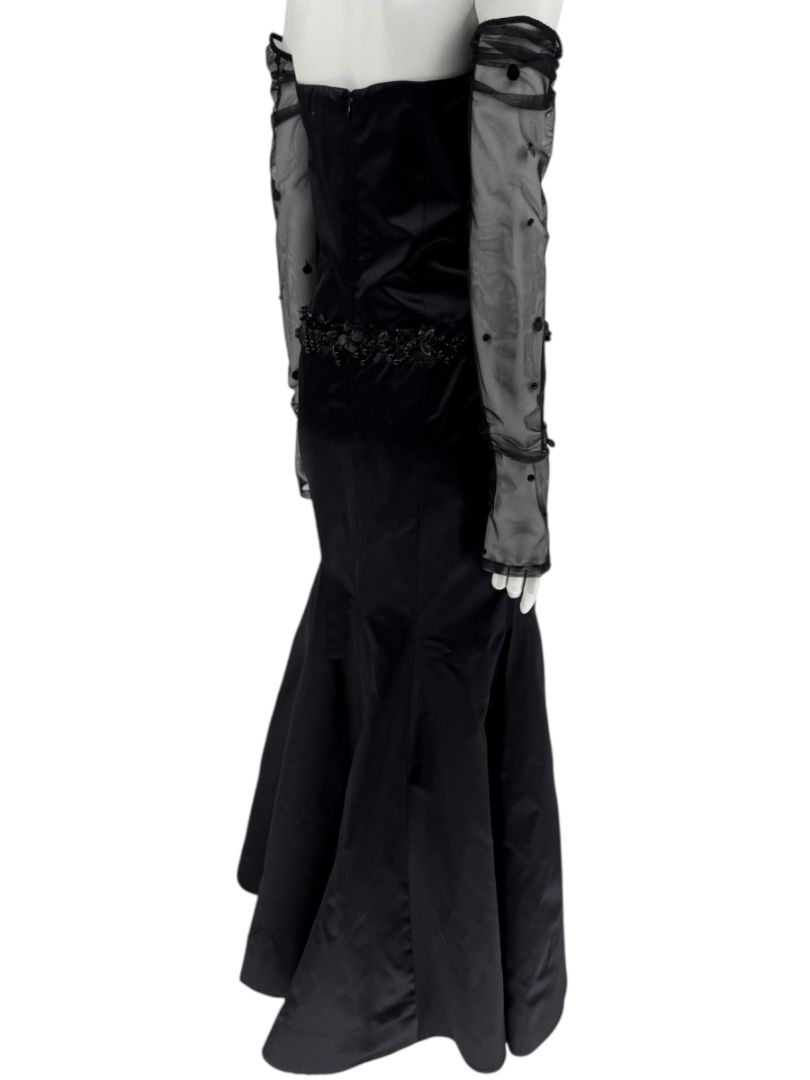 Pamella Roland Black Strapless Evening Dress Embellished Waist Sheer Sleeve Formal Gown - Size 6