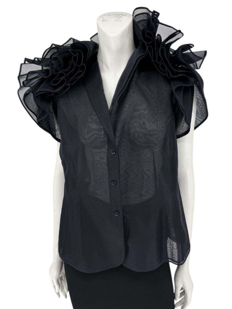 Féraud Paris Navy Silk Organza Ruffle Blouse – FR 44 - NWT