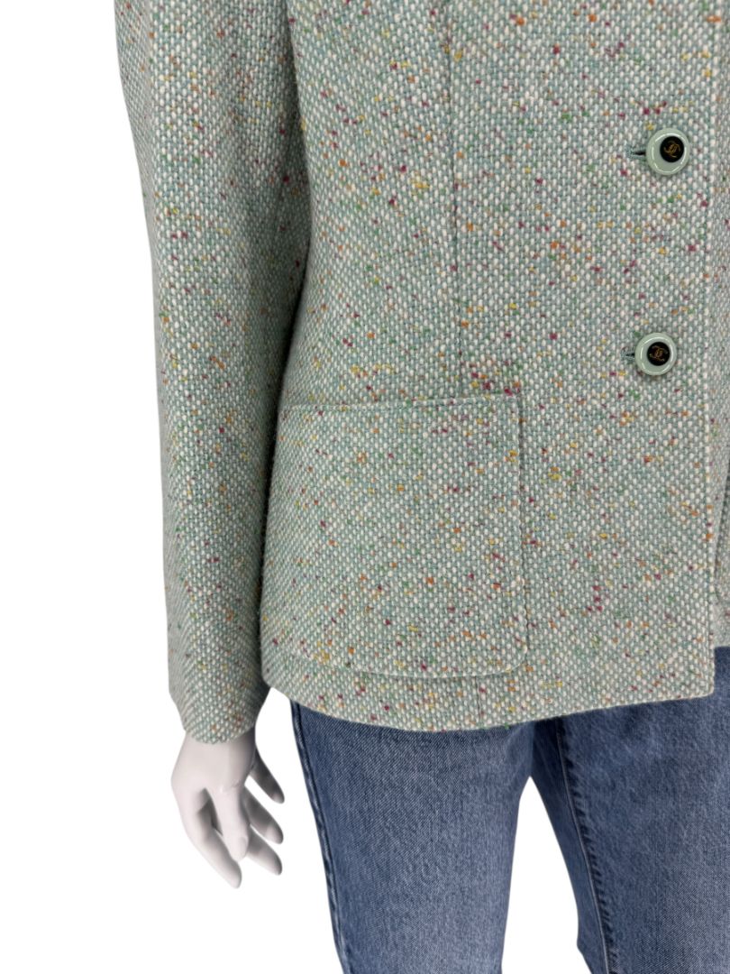 Chanel Women’s Mint Green Wool-Mohair Blend Tweed Jacket with Detachable Scarf – Size 44