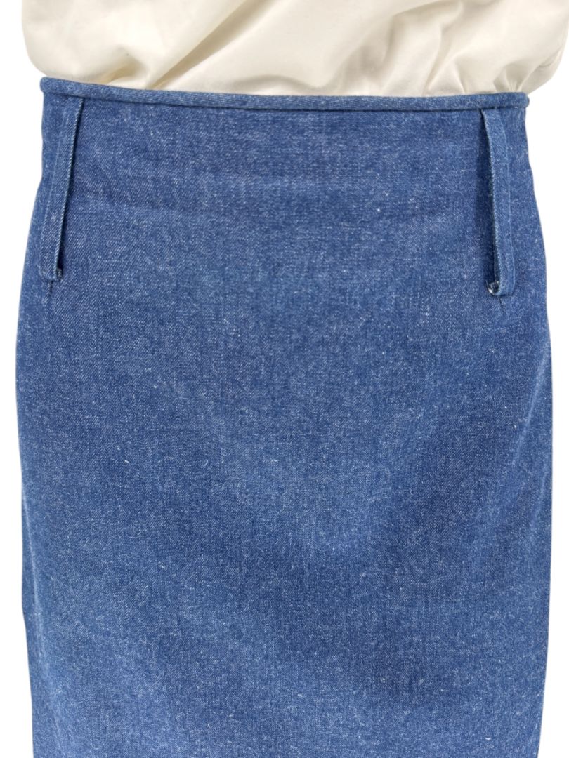 Christian Dior Boutique Blue Denim Midi Skirt with Gold Buttons – Size 14