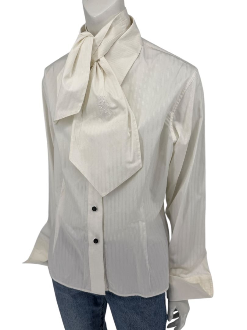 Zang Toi Ivory Striped Blouse with Detachable Neck Tie – Size 14