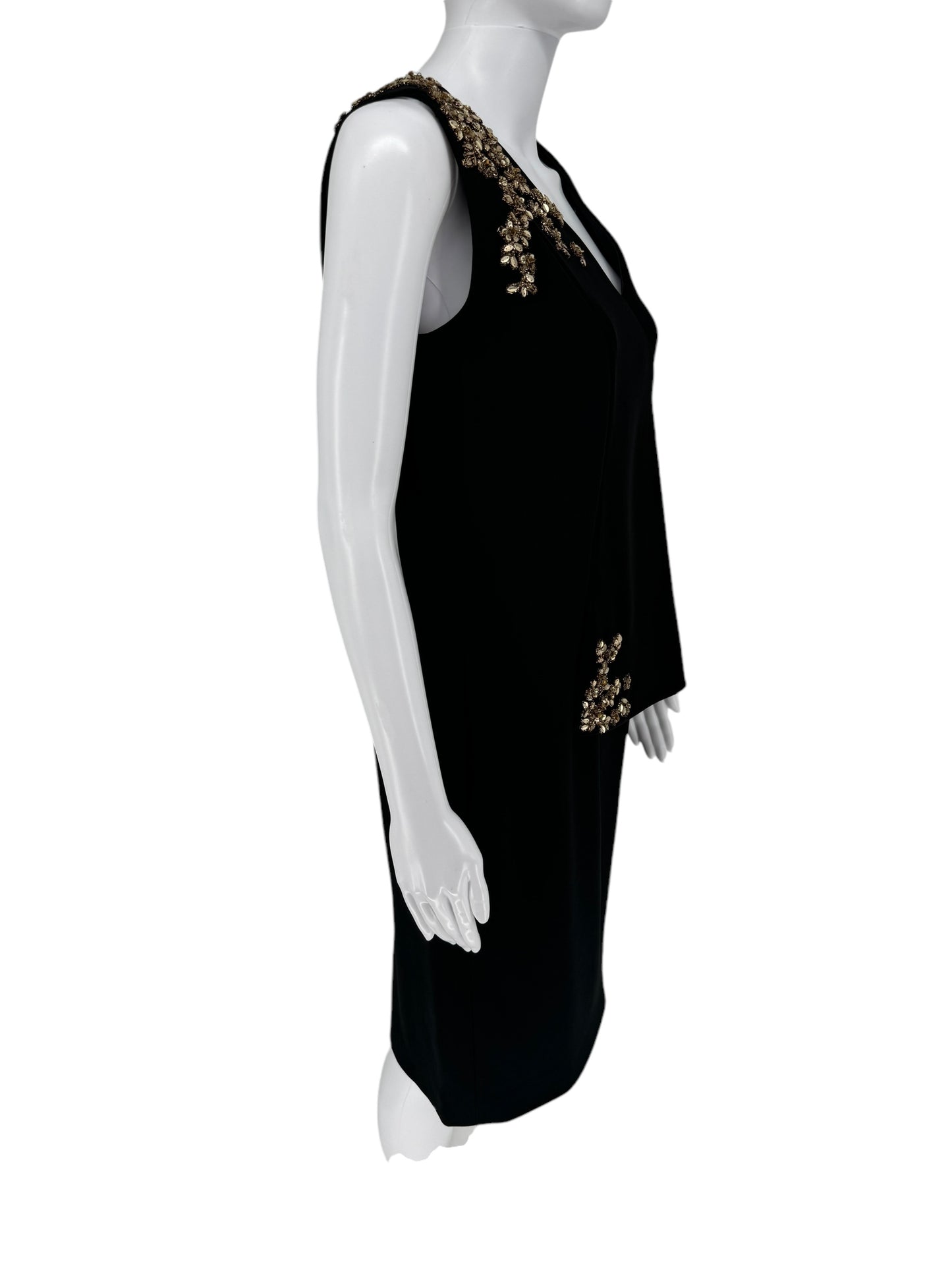 Pamella Roland Black beaded V-neck sleeveless A-Symmetrical Peplum/Fitted Knee Length Dress – Size 10