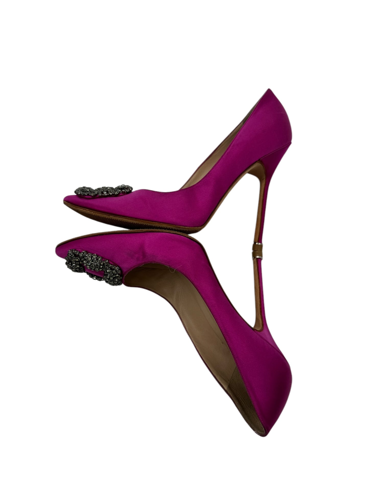 Manolo Blahnik Fuchsia Satin and Crystal Buckle Hangisi Pumps Size 38.5