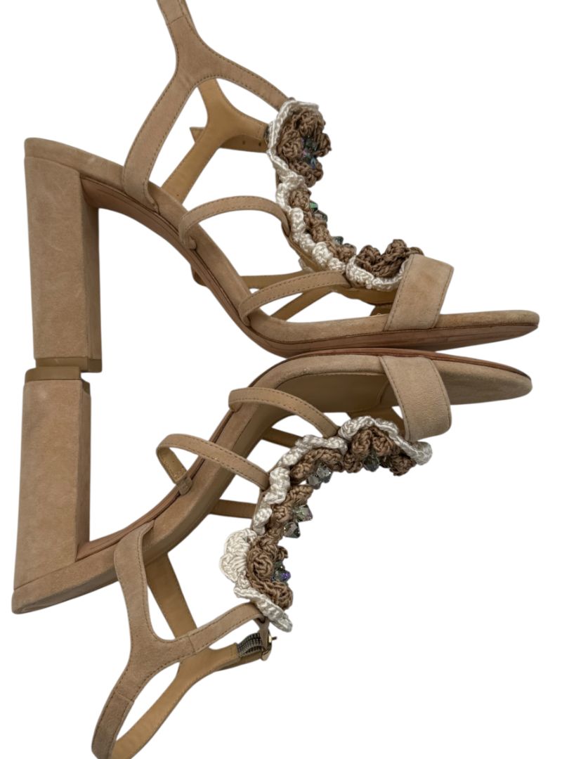 Alexandre Birman Nude Suede Crochet Flower Sandals – Size 39.5