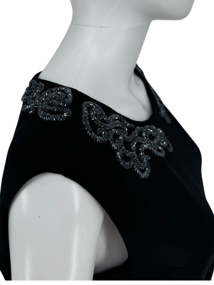 Pamella Roland Black Sleeveless Sheath Dress with Beaded Scroll Embellishment – Large
