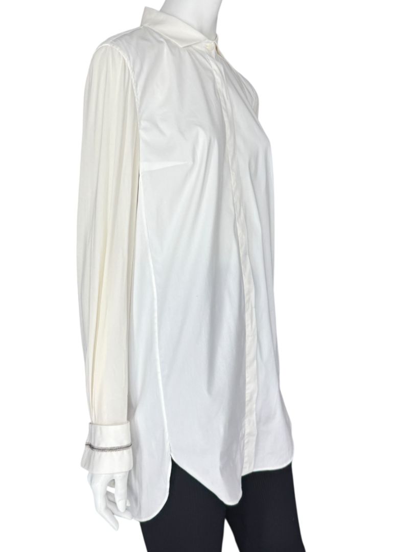 Brunello Cucinelli White Long Sleeve Blouse with Monili Trim Cuffs – Size XL