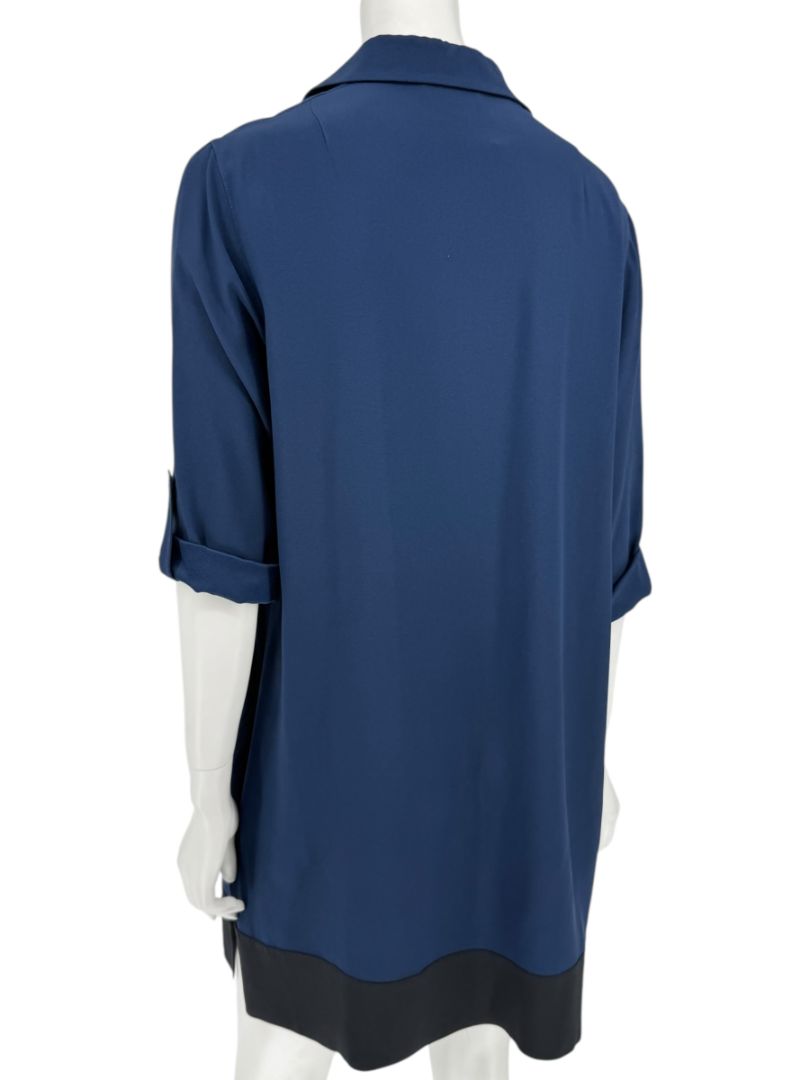 Akris Punto Navy Blue Viscose Acetate Tunic Dress Black Hem Roll Tab Sleeve - US 10