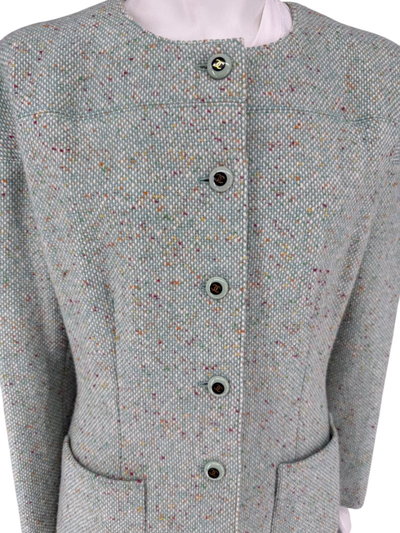 Chanel Women’s Mint Green Wool-Mohair Blend Tweed Jacket with Detachable Scarf – Size 44