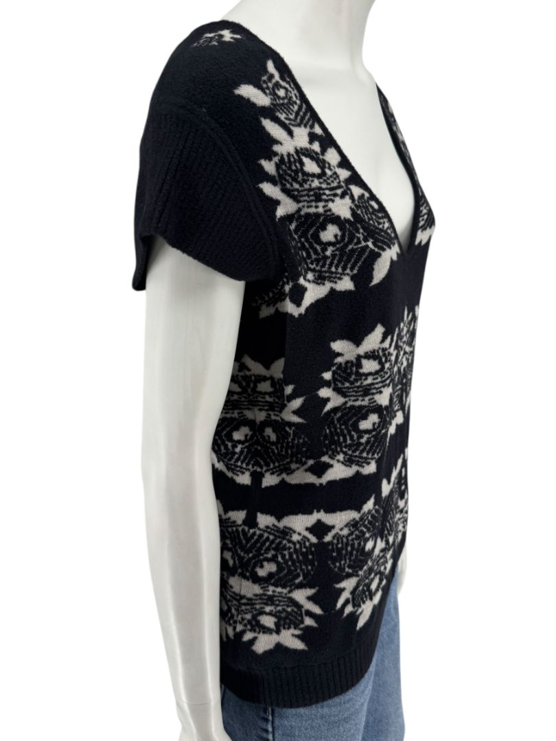 Chanel Black & Ivory Wool-Blend Deep V-Neck Sweater – Size FR 44