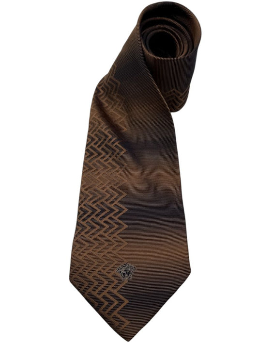 Gianni Versace Silk Tie – Brown Ombre with Geometric Chevron Pattern