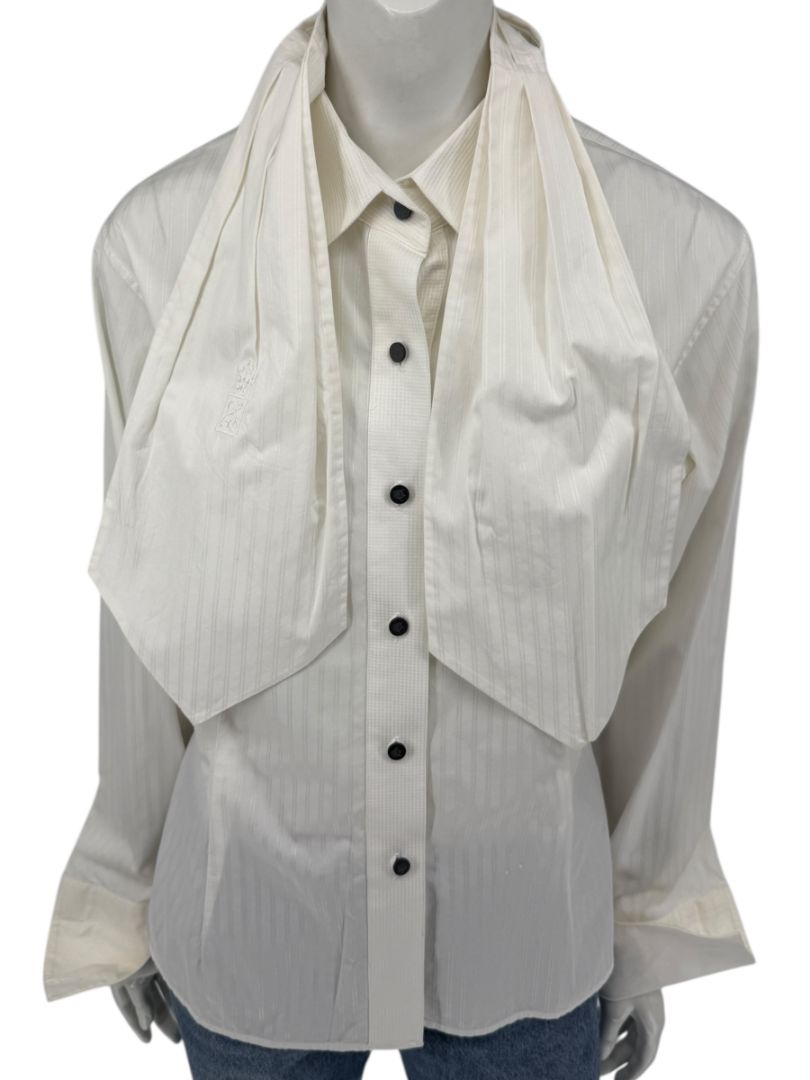 Zang Toi Ivory Striped Blouse with Detachable Neck Tie – Size 14