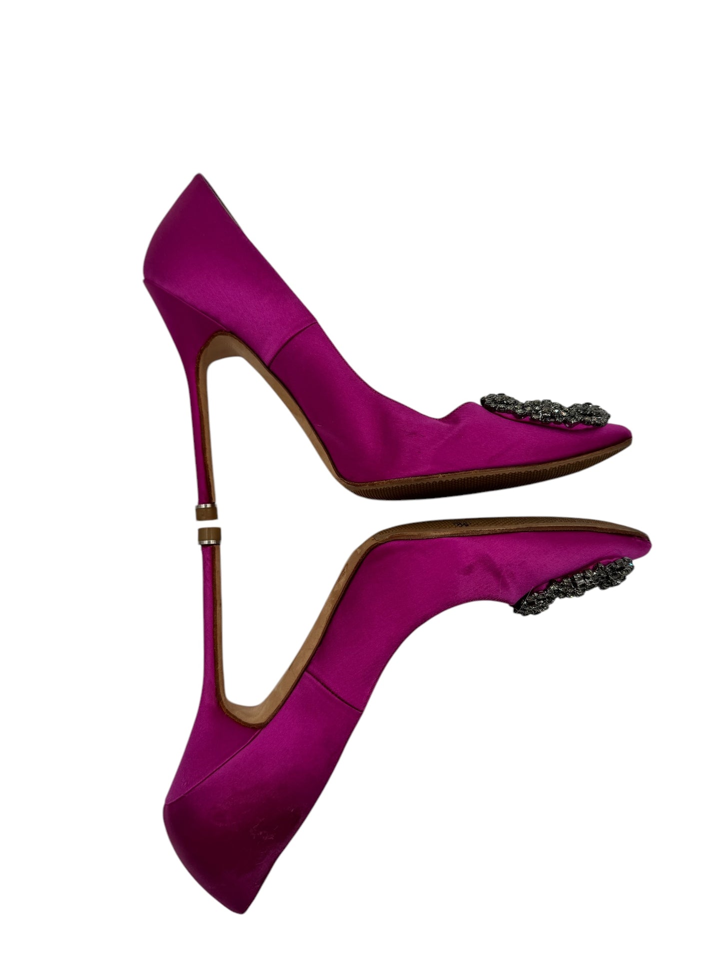 Manolo Blahnik Fuchsia Satin and Crystal Buckle Hangisi Pumps Size 38.5