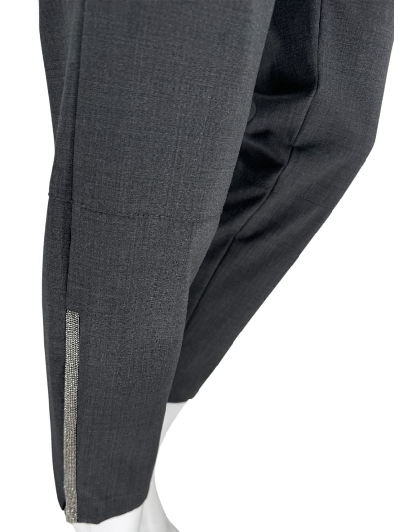 Brunello Cucinelli Grey Wool-Blend Slim Pants with Monili Trim – Size IT 44 / US 8