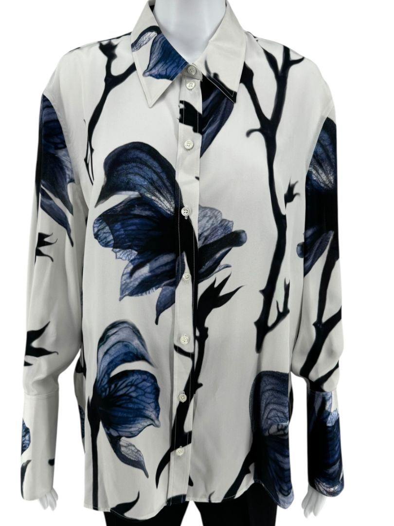 Alexander McQueen Ivory & Ink Floral Silk Blouse – Size L