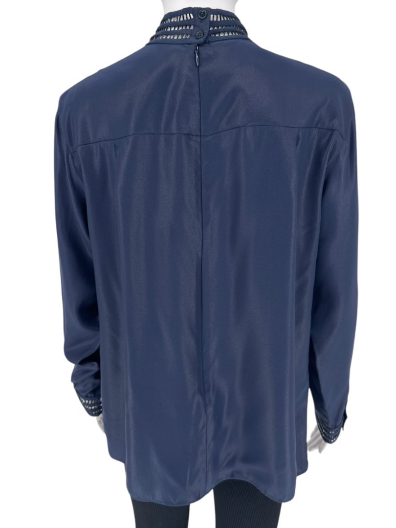 Akris Navy Mulberry Silk Blouse with Jewelry Trim – Size US 8 / FR 40 / DE 38
