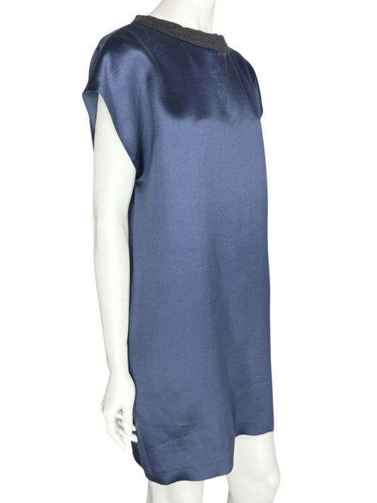 NWT Brunello Cucinelli Navy Silk Shift Dress with Contrast Trim – Size XL