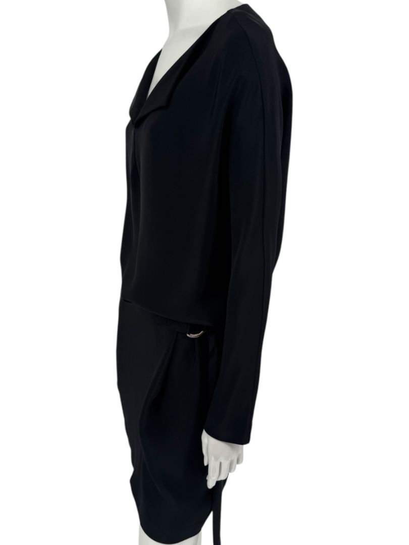 Pamella Roland Black Drape-Front Long Sleeve Belted Mini Dress – Large