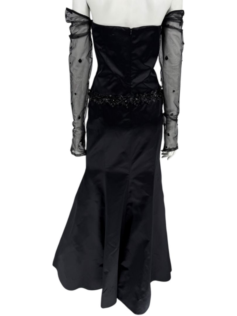 Pamella Roland Black Strapless Evening Dress Embellished Waist Sheer Sleeve Formal Gown - Size 6