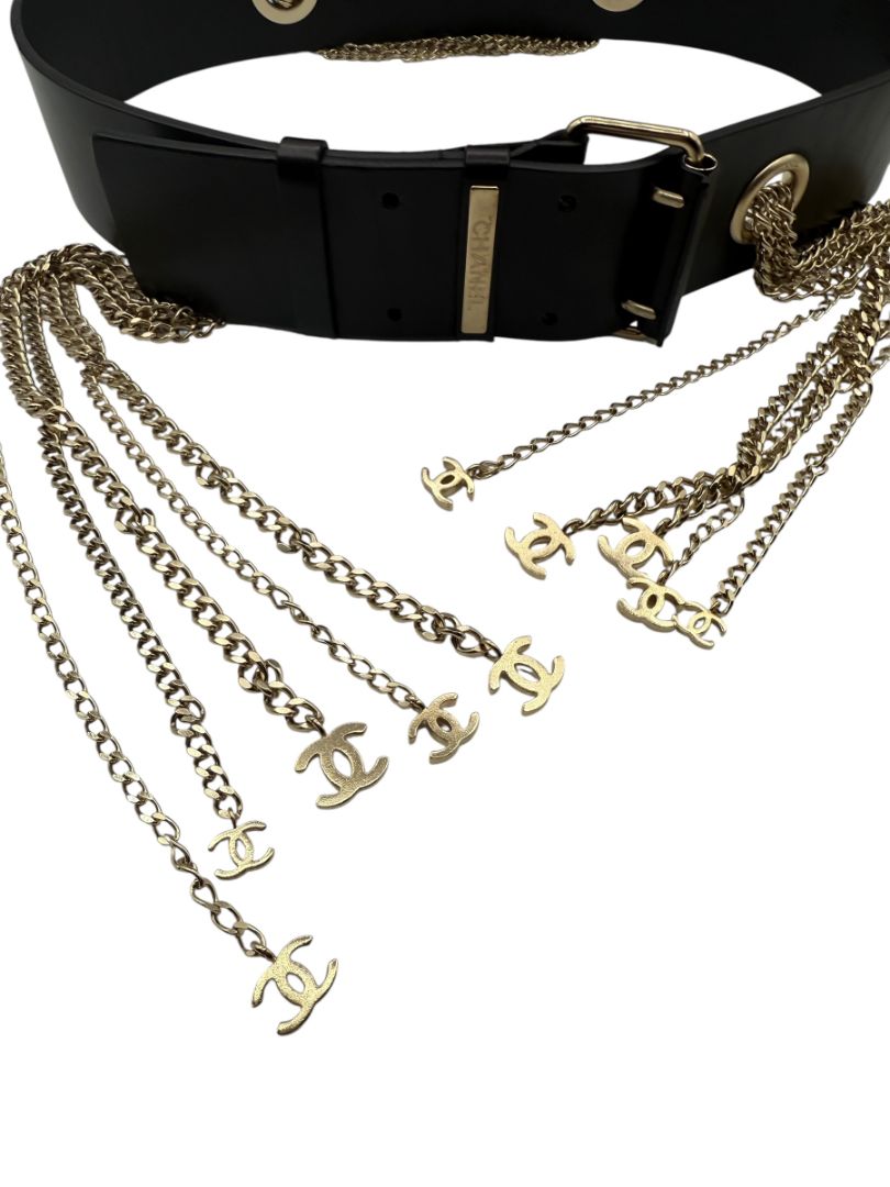 Chanel Spring 2008 Black Leather Gold Chain Accent Belt – Size 90/36