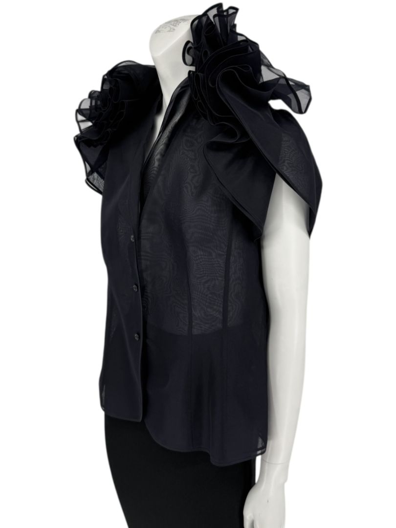 Féraud Paris Navy Silk Organza Ruffle Blouse – FR 44 - NWT
