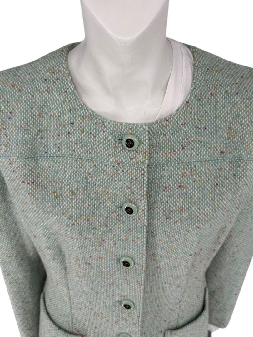 Chanel Women’s Mint Green Wool-Mohair Blend Tweed Jacket with Detachable Scarf – Size 44
