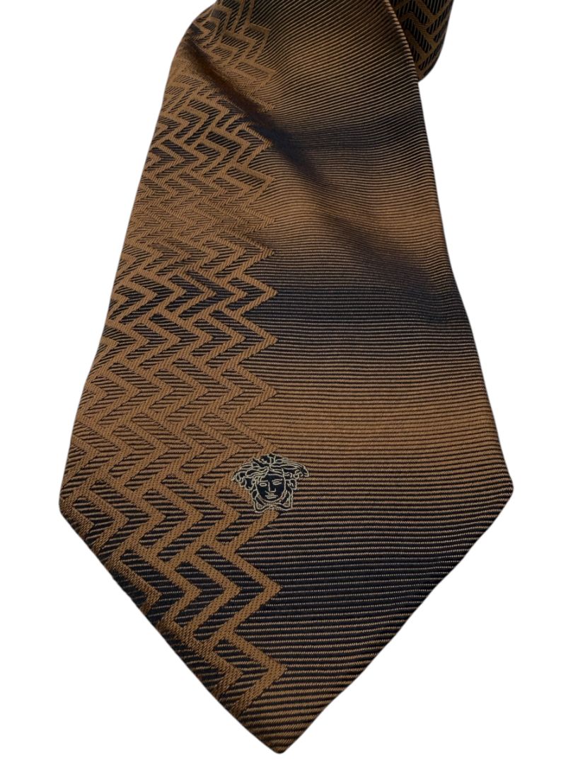 Gianni Versace Silk Tie – Brown Ombre with Geometric Chevron Pattern