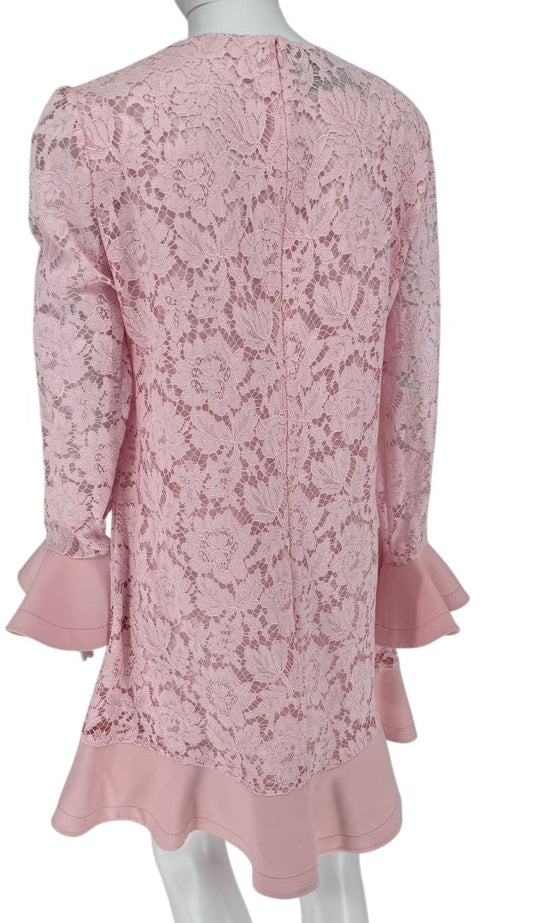 Pink Lace Overlay Ruffle Sleeve/Trim Longsleeve Dress