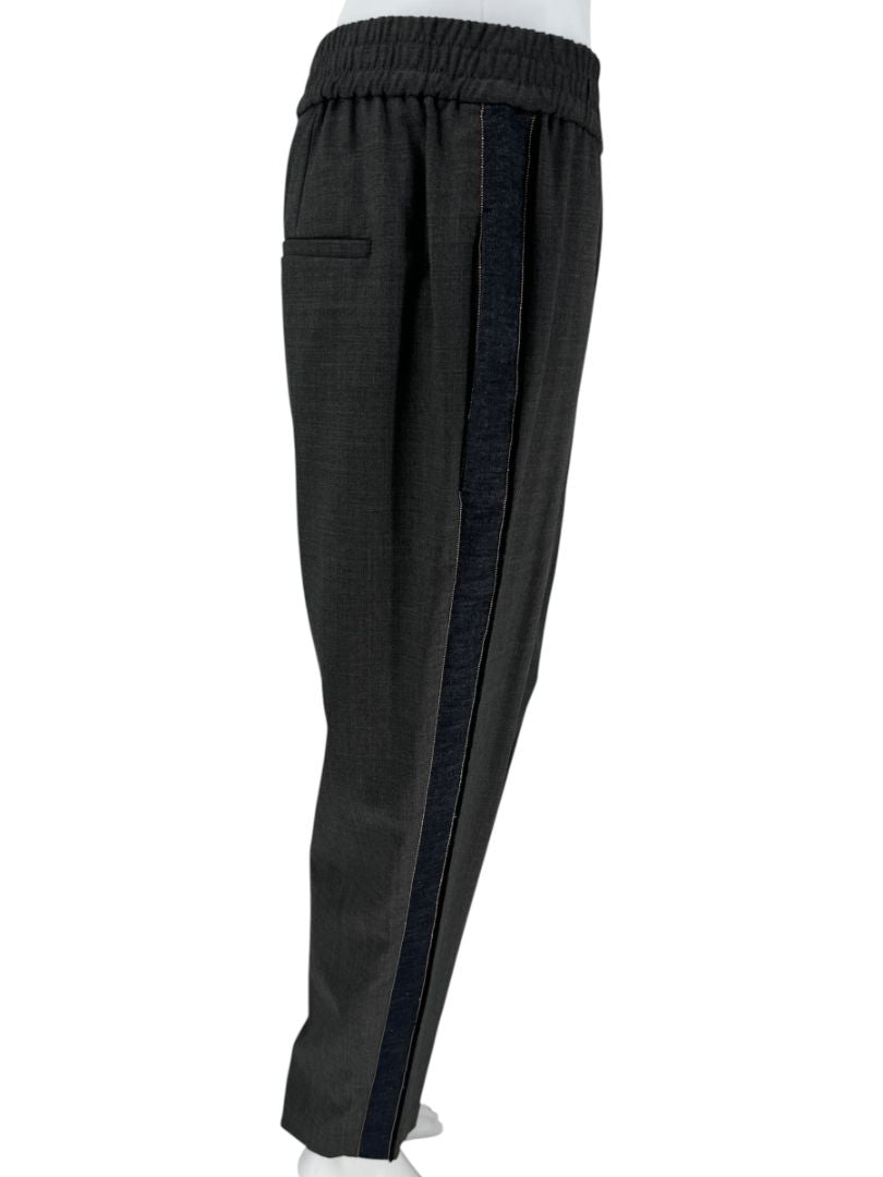 Brunello Cucinelli Charcoal Wool Trousers with Denim Side Stripe - Size 8