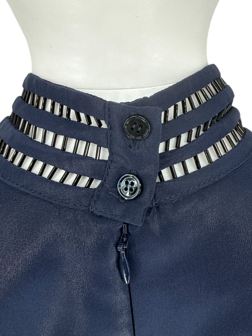 Akris Navy Mulberry Silk Blouse with Jewelry Trim – Size US 8 / FR 40 / DE 38