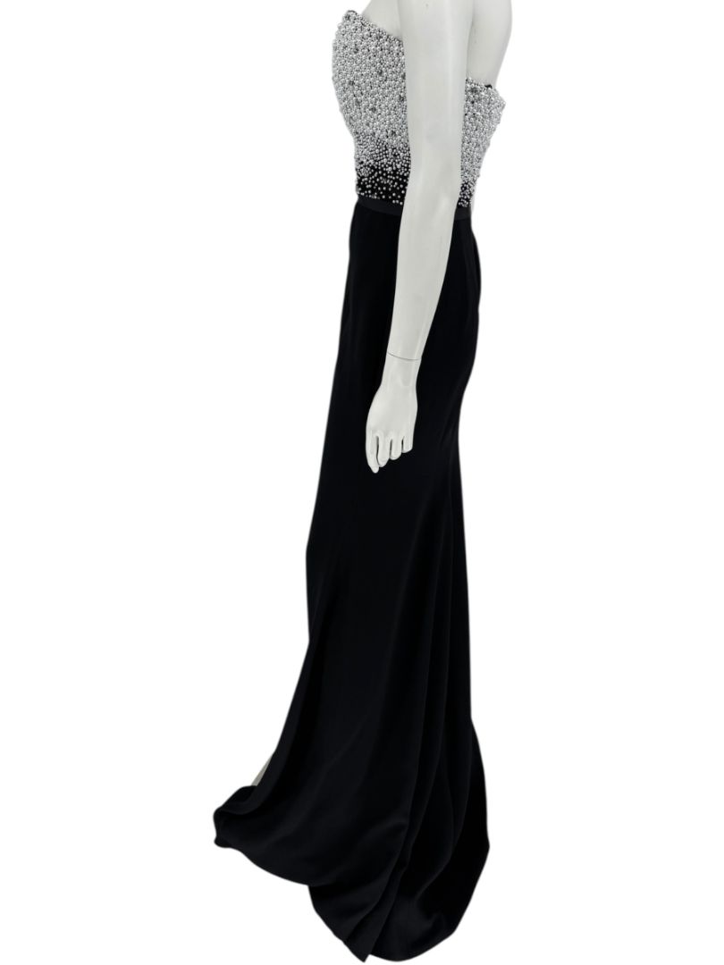 Pamella Roland Black Strapless Gown Silver Pearl Crystal Beaded Bodice Size 8 Evening Dress