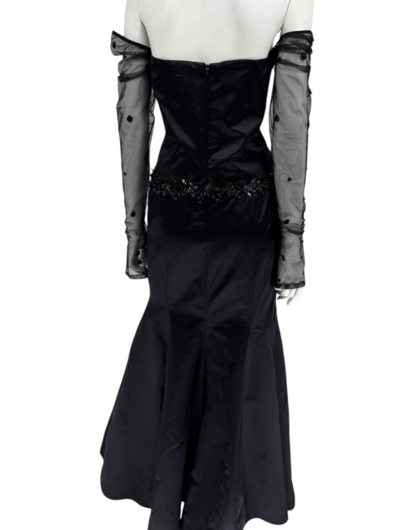 Pamella Roland Black Strapless Evening Dress Embellished Waist Sheer Sleeve Formal Gown - Size 6