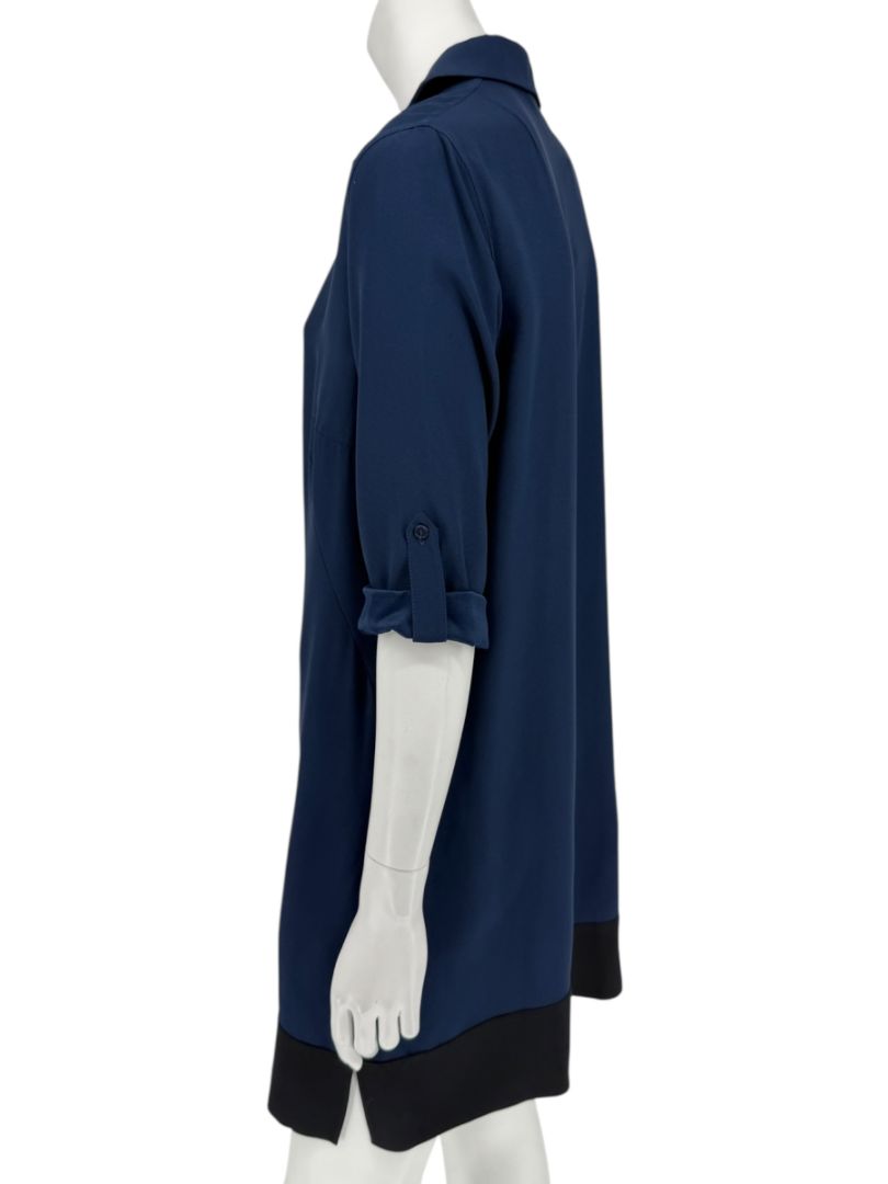 Akris Punto Navy Blue Viscose Acetate Tunic Dress Black Hem Roll Tab Sleeve - US 10
