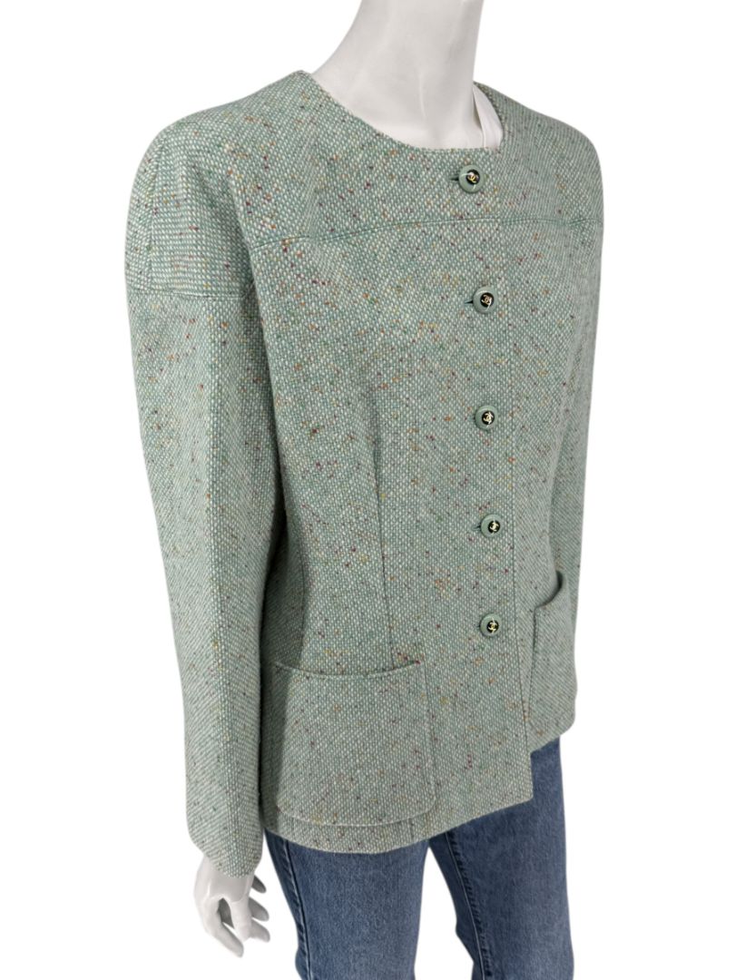 Chanel Women’s Mint Green Wool-Mohair Blend Tweed Jacket with Detachable Scarf – Size 44