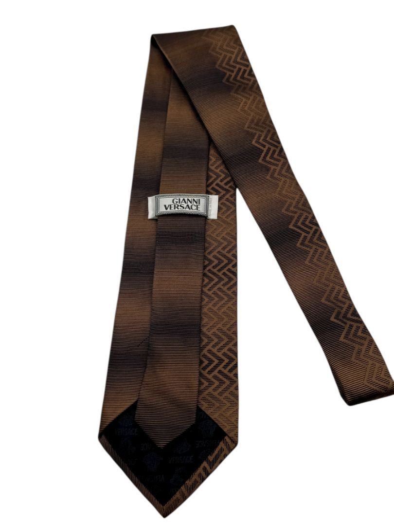 Gianni Versace Silk Tie – Brown Ombre with Geometric Chevron Pattern