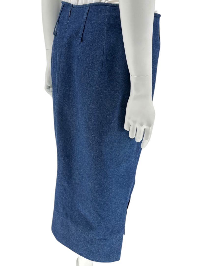 Christian Dior Boutique Blue Denim Midi Skirt with Gold Buttons – Size 14