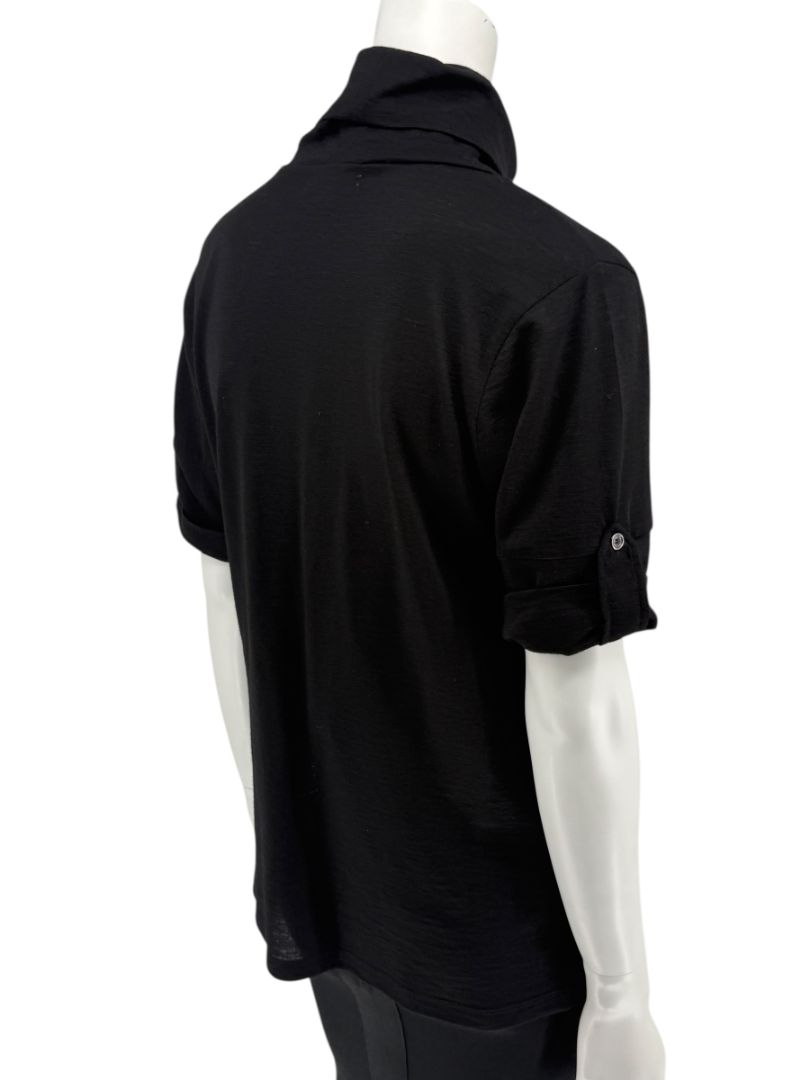 Burberry London Black Wool Short-Sleeve Pleated Funnel-Neck Top – Size L