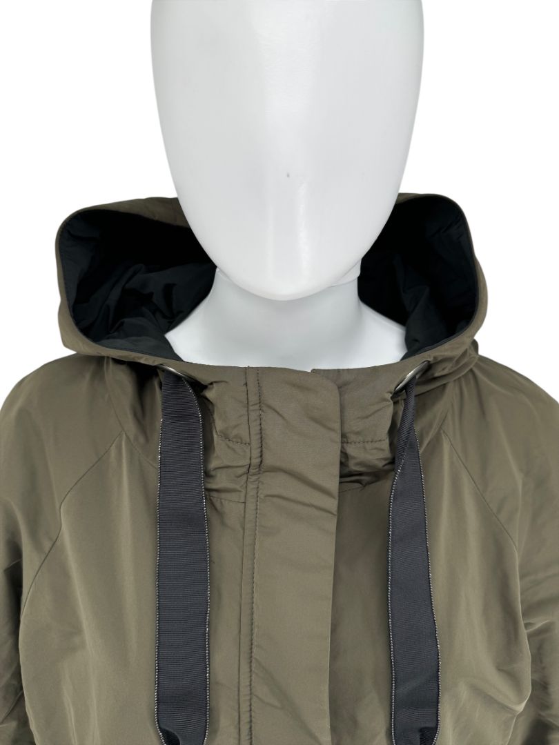 Brunello Cucinelli Olive Nylon Hooded Parka with Monili Trim - Size 10