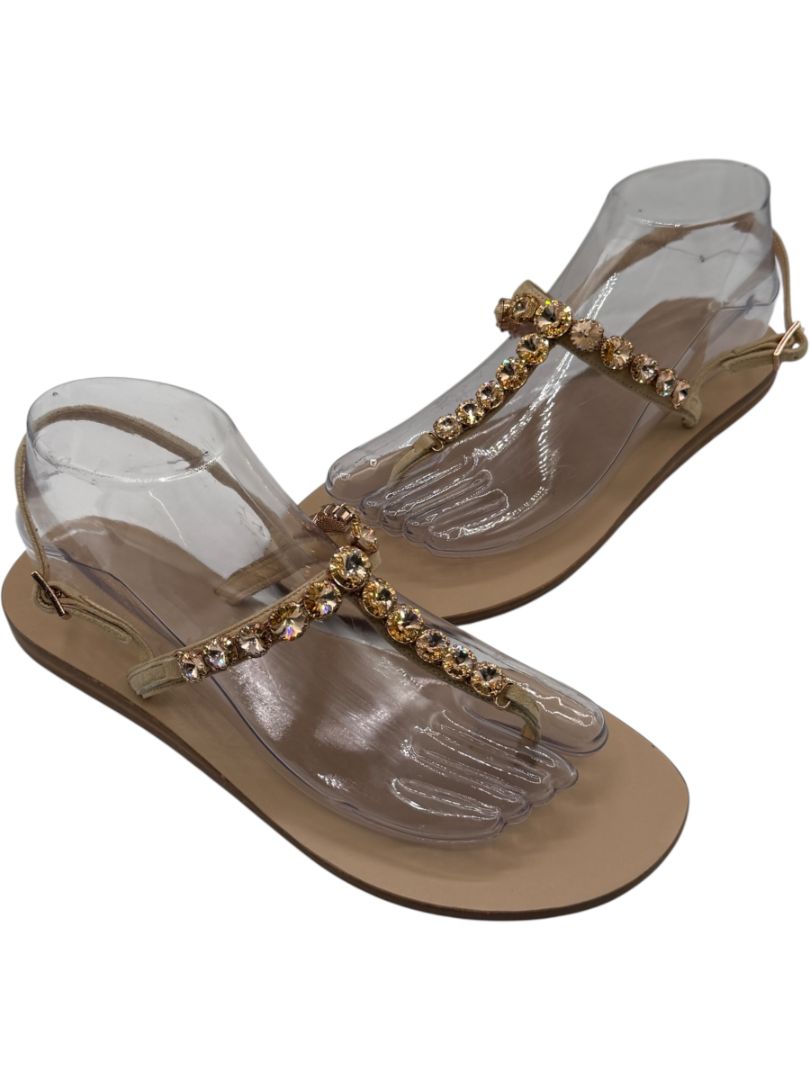 100% Capri Jeweled T-Strap Flat Sandals – Size 39