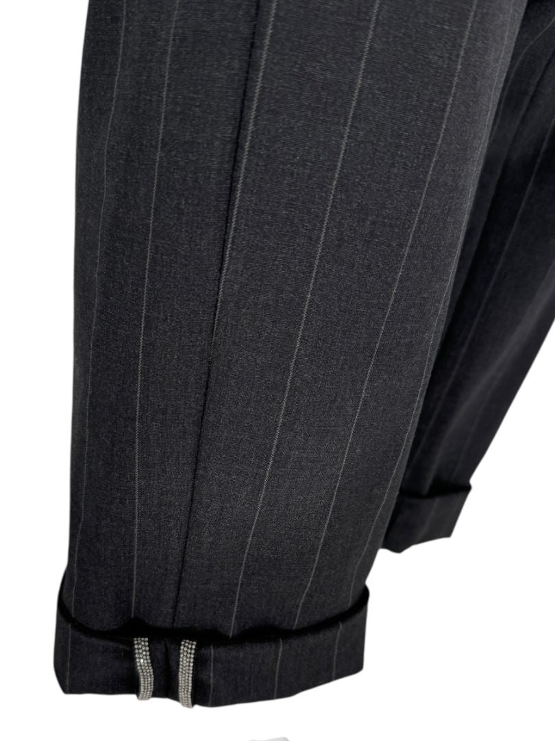Brunello Cucinelli Charcoal Pinstripe Wool Pants with MONILI Trim – Size IT 46 / US 10