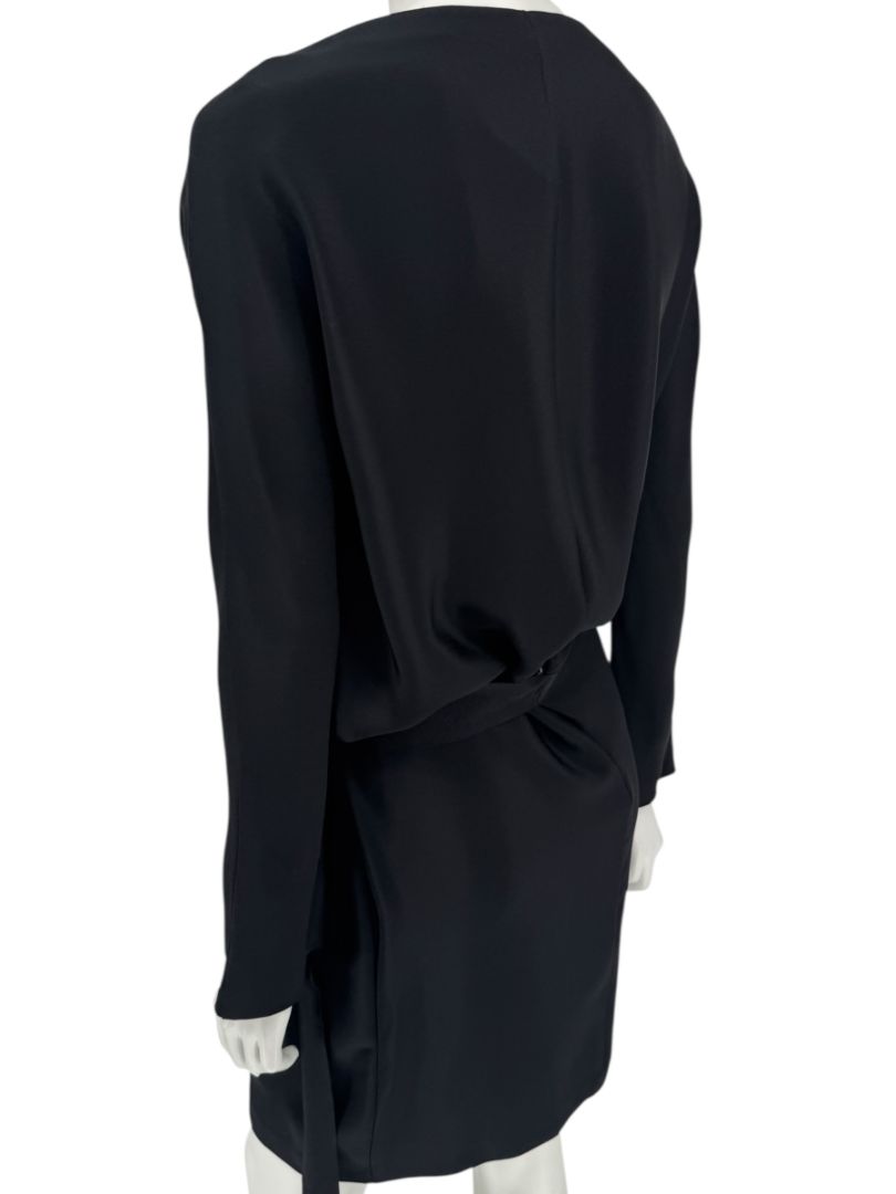 Pamella Roland Black Drape-Front Long Sleeve Belted Mini Dress – Large
