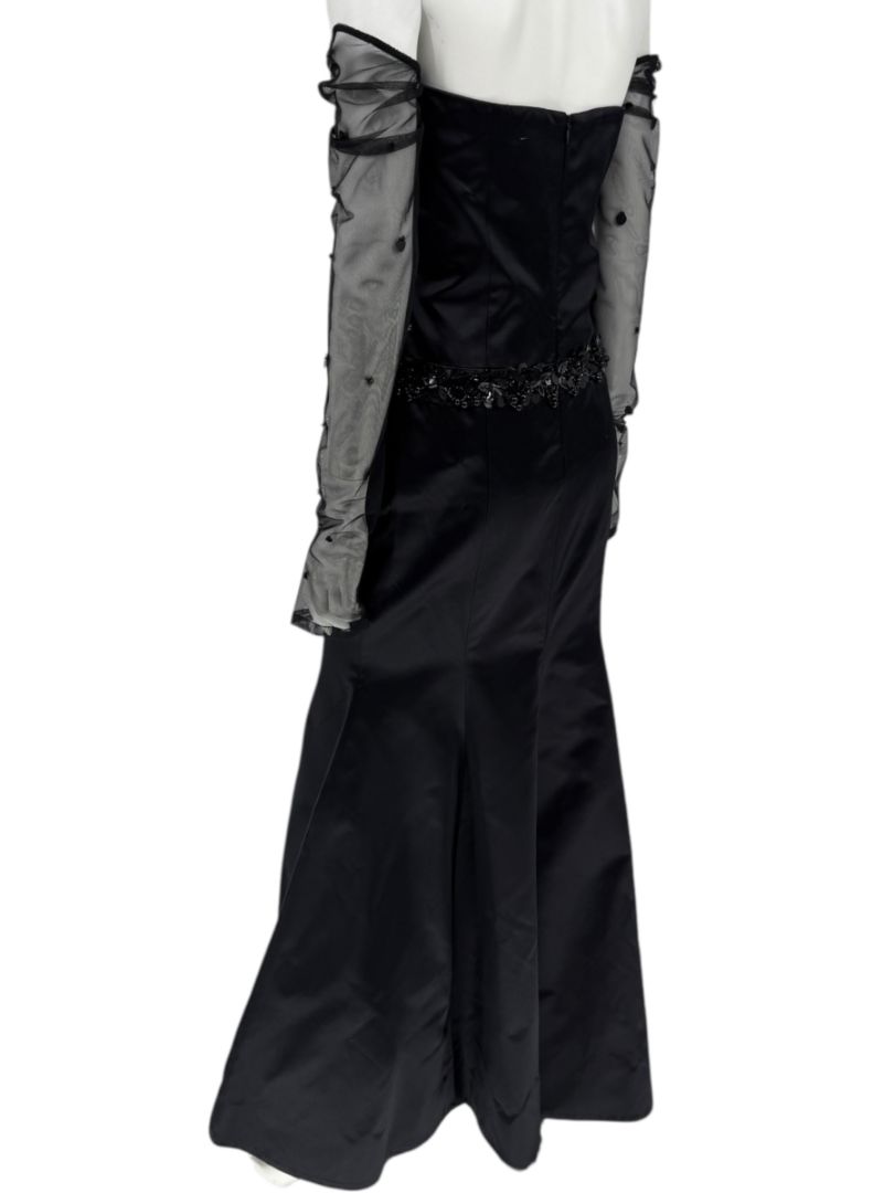 Pamella Roland Black Strapless Evening Dress Embellished Waist Sheer Sleeve Formal Gown - Size 6
