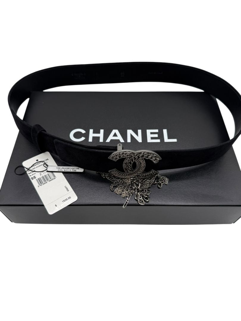 Chanel Ruthenium Chain-Fringe CC Belt – Black Suede – Very Good Condition