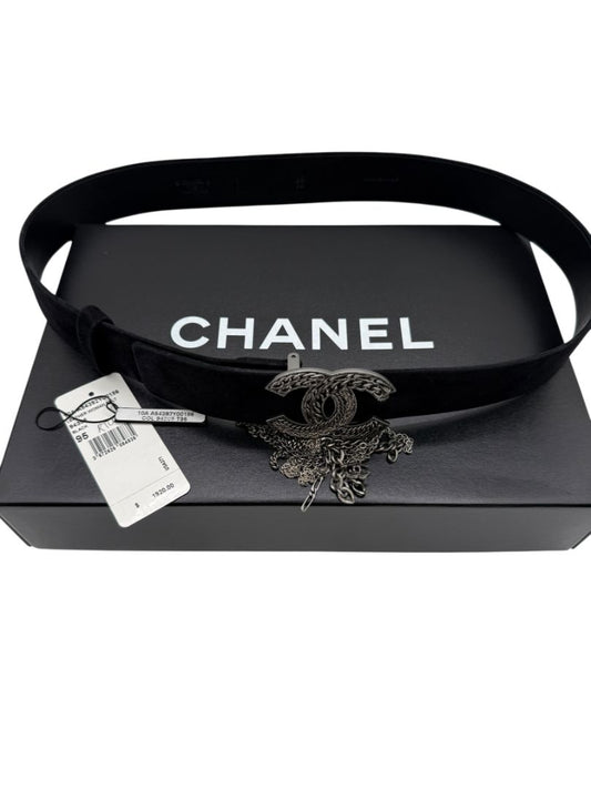 Chanel Ruthenium Chain-Fringe CC Belt – Black Suede – Very Good Condition