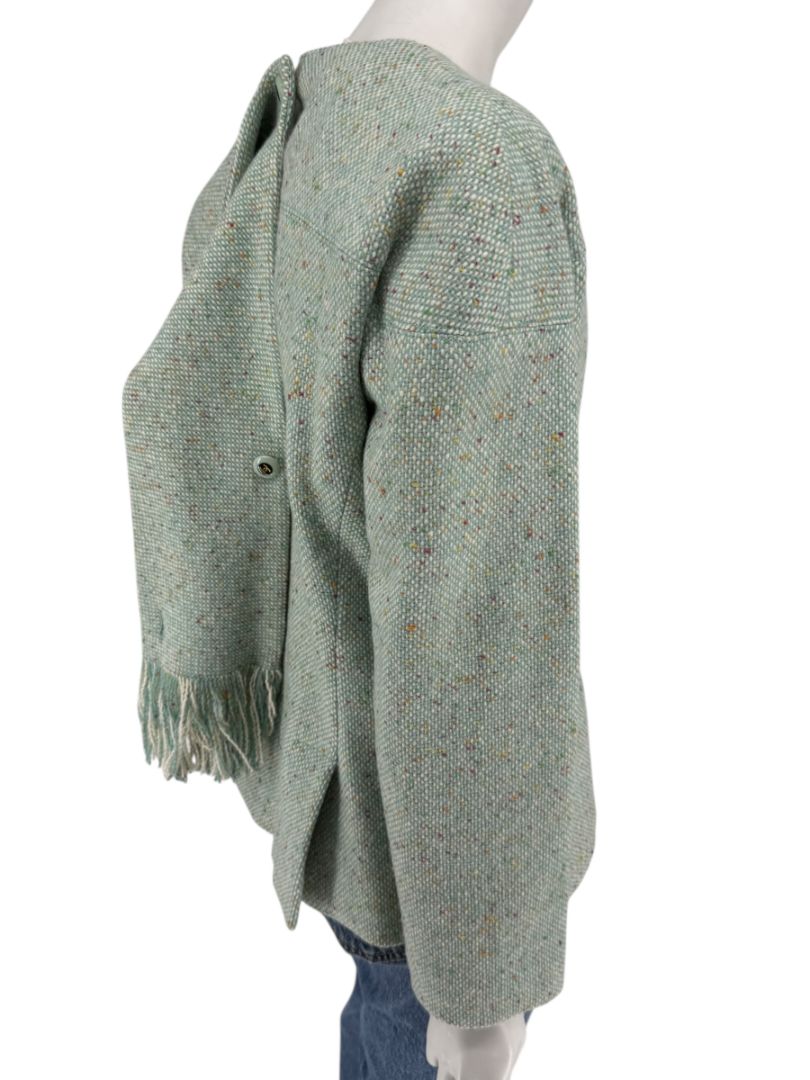 Chanel Women’s Mint Green Wool-Mohair Blend Tweed Jacket with Detachable Scarf – Size 44